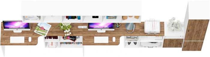 Лидер-8 Стол + Полка + Стол + Полка + Пенал МД 22Б + Тумба МД 3.19, цвет белый шагрень/крафт золото, 410х50х75/190 или 230х160/50х75/190, НЕ ун. сб.