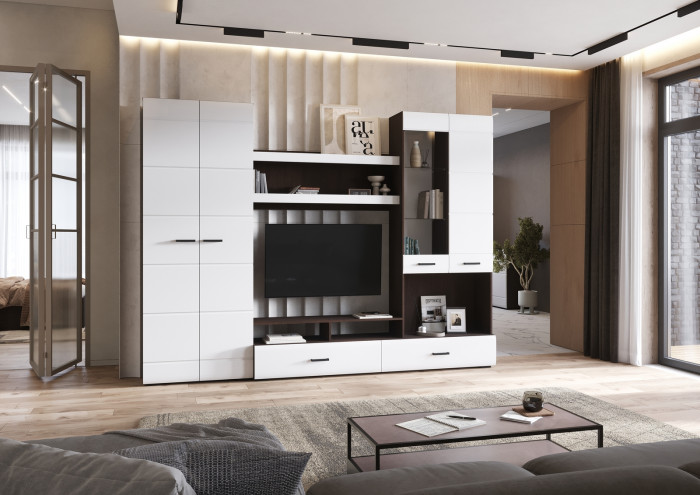 ЛИБЕРТИ ГС 01 Гостиная (2800х2100х400) Фасад МДФ БЕЛЫЙ ГЛЯНЕЦ/Корпус ВЕНГЕ