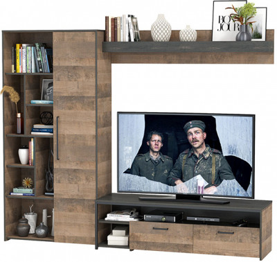 Трувор 13.70 Тумба под ТВ + 13.206 Шкаф-стеллаж + 15.60 Полка, цвет дуб гранж песочный/интра, ШхГхВ 242,8х45,4х194,2 см., универсальная сборка