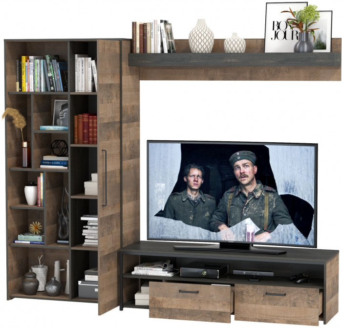 Трувор 13.70 Тумба под ТВ + 13.206 Шкаф-стеллаж + 15.60 Полка, цвет дуб гранж песочный/интра, ШхГхВ 242,8х45,4х194,2 см., универсальная сборка