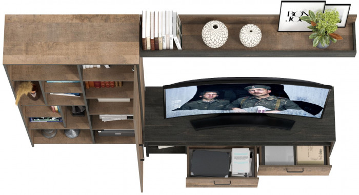 Трувор 13.70 Тумба под ТВ + 13.206 Шкаф-стеллаж + 15.60 Полка, цвет дуб гранж песочный/интра, ШхГхВ 242,8х45,4х194,2 см., универсальная сборка