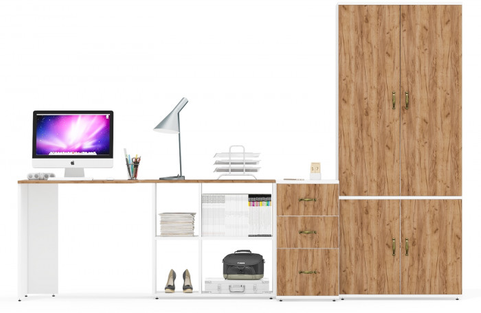 Лидер-8 Стол + Тумба МД 3.16 + Шкаф МД 20Б, цвет белый шагрень/крафт золото, ШхГхВ 285х50/37,5х75/190 или 115х200/50х75/190 см., НЕ ун. сборка