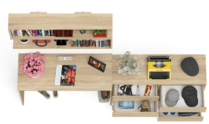 Мори Стол письменный МСП1200.1 + Комод МК1200.6 + Полка 1200, цвет дуб сонома, ШхГхВ 240,8х50х209,6 см., универсальная сборка