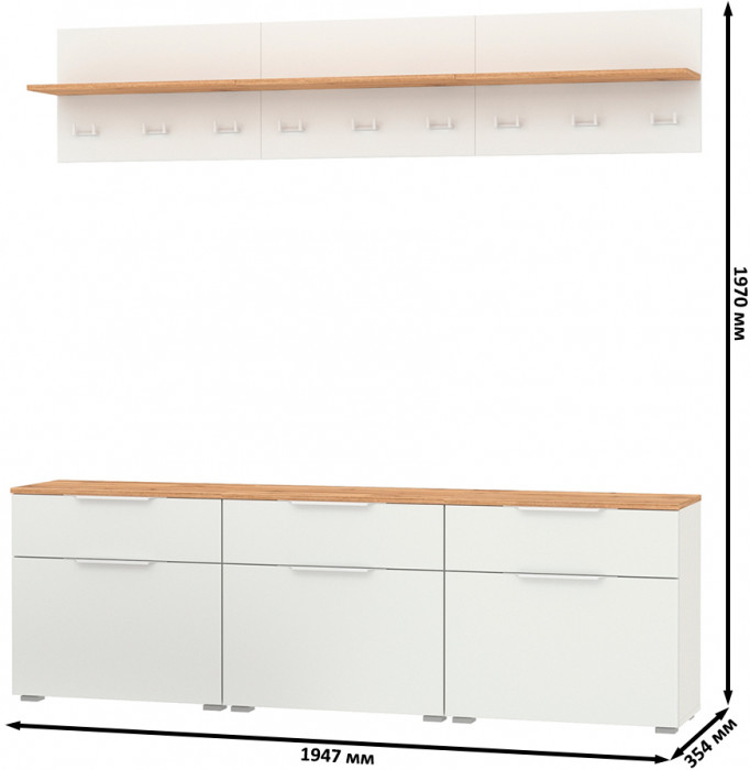 Октава Прихожая 04, цвет белый шагрень/дуб крафт золотой/фасады МДФ белый шагрень, ШхГхВ 194,7х35,4х197 см.