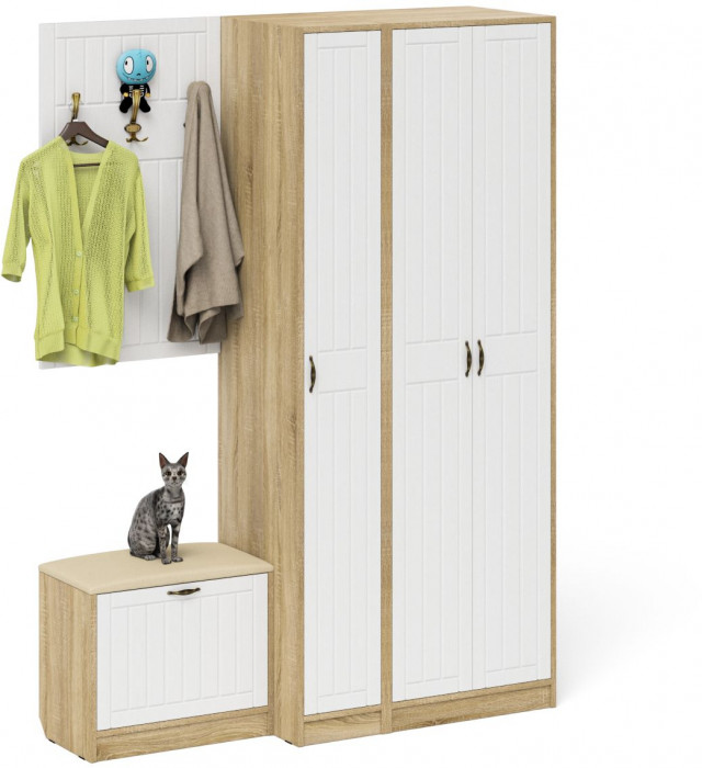 Прихожая П-6 Компоновка № 47, цвет дуб сонома/фасады МДФ белое дерево фрезеровка прованс, ШхГхВ 150х50х210 см., универсальная сборка