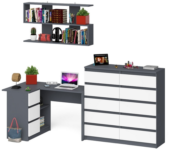 Мори компьютерный стол МС-16 левый + Комод МК1200.10 + Полка 1200, графит/белый