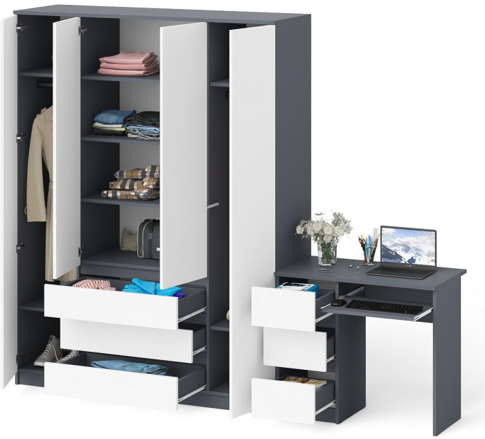 Мори компьютерный стол МС-6 левый + Шкаф МШ1600.1, графит/белый