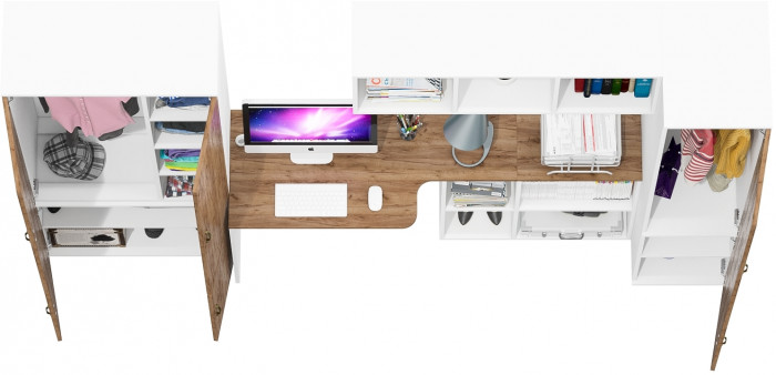 Лидер-8 Шкаф МД 20Б + Стол + Полка + Пенал 23Б, цвет белый шагрень/крафт золото, ШхГхВ 285х50/37,5х75/190 или 195х120х75/190 см., НЕ ун.сб.