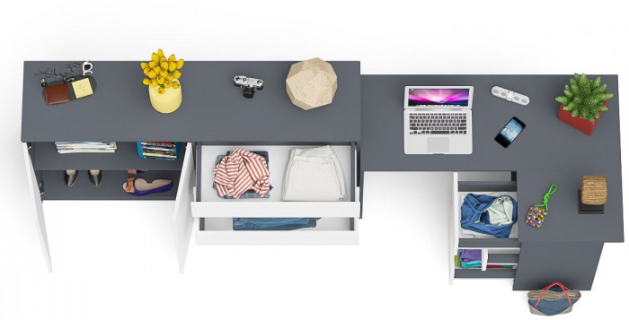 Мори Стол компьютерный МС-16 правый + Комод МК1600.1, цвет графит/белый, ШхГхВ 284,8х84,9х94 см., выдвижные ящики справа, НЕ универсальная сборка