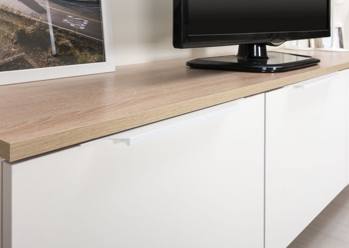 КР100 Тумба под ТВ 13.267.01, цвет белый шагрень/дуб сонома, ШхГхВ 138,4х34,9х43,8 см., универсальная сборка (100)