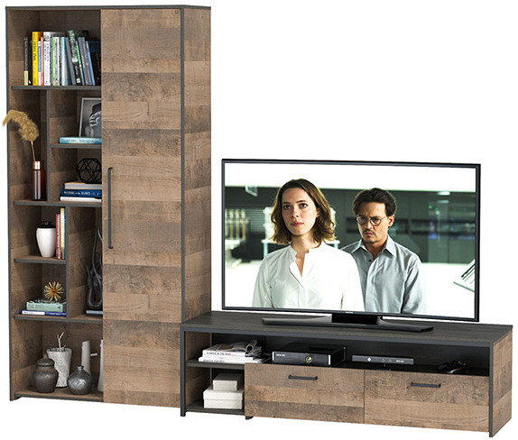 Трувор 13.70 Тумба под ТВ + 13.206 Шкаф-стеллаж, цвет дуб гранж песочный/интра, ШхГхВ 242,8х45,4х194,2 см., универсальная сборка