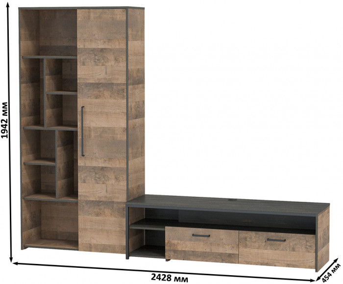 Трувор 13.70 Тумба под ТВ + 13.206 Шкаф-стеллаж, цвет дуб гранж песочный/интра, ШхГхВ 242,8х45,4х194,2 см., универсальная сборка