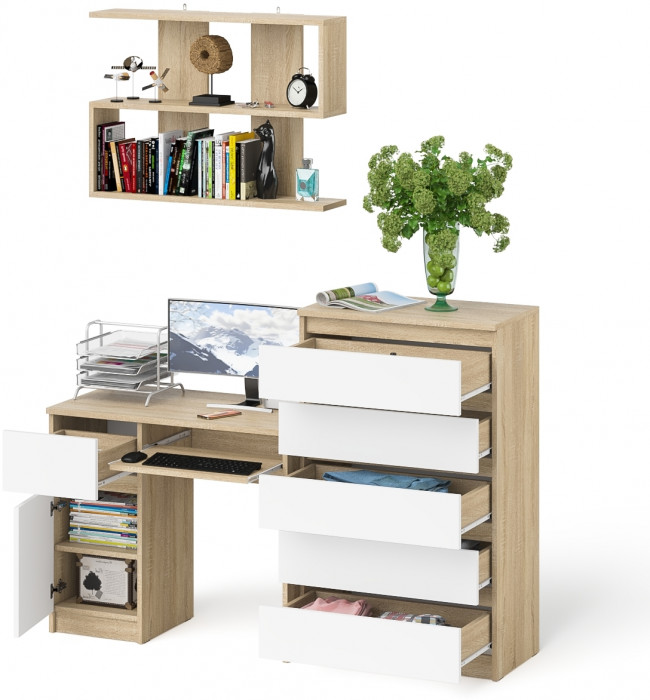 Мори Стол компьютерный МС-1 левый + Комод МК700.5 + Полка 900, цвет дуб сонома/белый, ШхГхВ 160,4х50х209,6 см., НЕ универсальная сборка