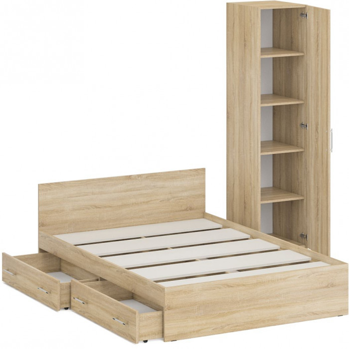 Кровать с ящиками 1400 + Пенал Стандарт, цвет дуб сонома, ШхГхВ 143,5х203,5х70 + 45х52х200 см., сп.м. 1400х2000 мм., без матраса, основание есть