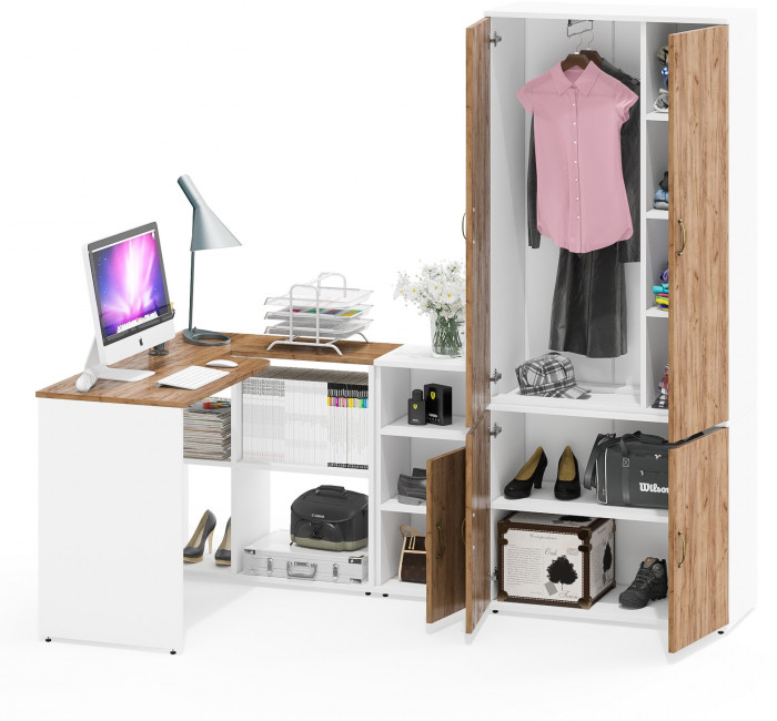 Лидер-8 Стол + Тумба МД 3.19 + Шкаф МД 20Б, цвет белый шагрень/крафт золото, ШхГхВ 285х50/37,5х75/190 или 115х200/50х75/190 см., НЕ ун. сборка