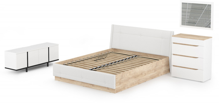 Муссон Кровать 11.28 + под. ортопед + 13.97 + Зеркало СВК + Тумба ТВ 13.276, цвет белый/чёрный/дуб эндгрейн элегантный/кожзам белый, 1600х2000 мм, б/м