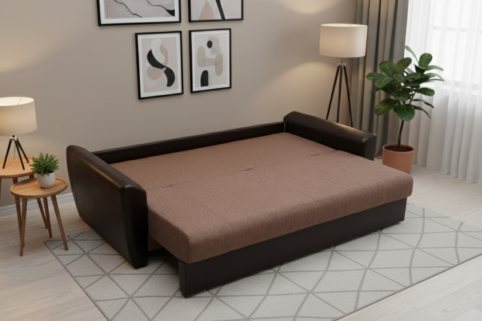 Диван-еврокнижка Амстердам, 160х195, пружинный блок, рогожка/экокожа, коричневый