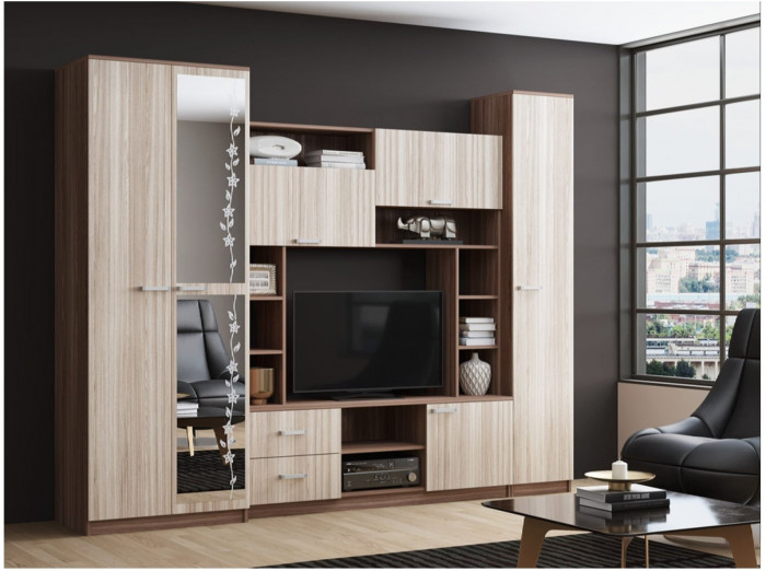 Гостиная Флора-4 ЛДСП (Дуб Крафт золотой / Графит Софт)