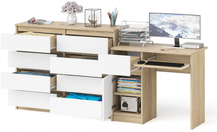 Мори Стол компьютерный МС-1 левый + Комод МК1200.8, цвет дуб сонома/белый, ШхГхВ 210,4х50х94 см., выдвижной ящик слева, НЕ универсальная сборка