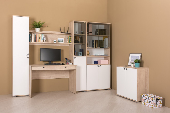 КР100 Бостон 13.156 Шкаф, цвет дуб эндгрейн элегантный/фасады МДФ милк рикамо софт, ШхГхВ 76,8х35,1х194,4 см.