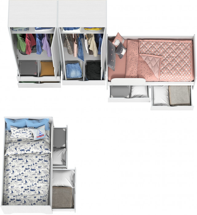 КР100 Уна 11.22 Две кровати с ящиками + 13.327 Два шкафа для одежды, цвет белый(структура Поры дерева), сп. м. 2х800х1600 мм., б/м, основание есть