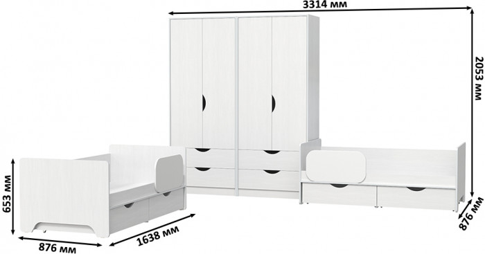 КР100 Уна 11.22 Две кровати с ящиками + 13.327 Два шкафа для одежды, цвет белый(структура Поры дерева), сп. м. 2х800х1600 мм., б/м, основание есть