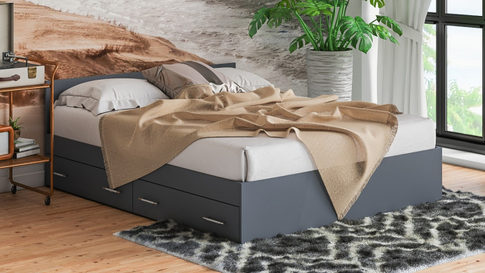 Мори Кровать с ящиками 1600, цвет графит, ШхГхВ 163,5х203,5х70 см., сп.м. 1600х2000 мм., без матраса, основание есть