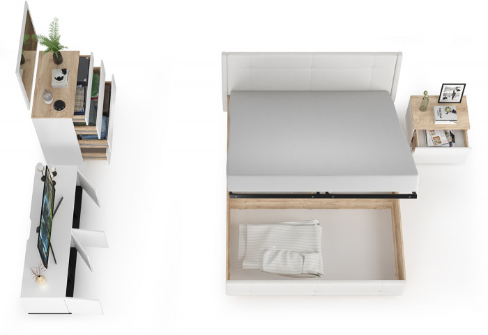 Муссон Кровать 11.28 + под. ортопед + 16.03 + 13.97 + Зеркало СВК + Тумба ТВ 13.276, белый/чёрный/дуб эндгрейн элегантный/кожзам белый, 1600х2000, б/м