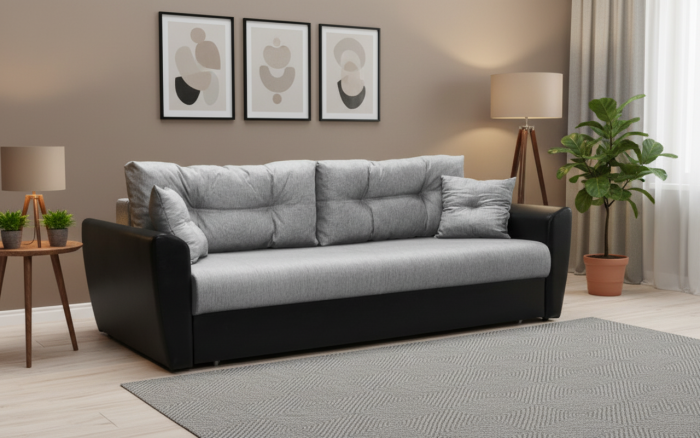 Диван-еврокнижка Амстердам, 160х195, пружинный блок, рогожка/экокожа, серый