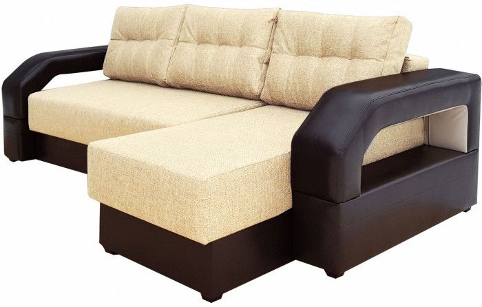 Диван-кровать раскладной еврокнижка, угловой Манчестер , с подсветкой, рогожка/экокожа, ширина спального места 150 см, бежевый