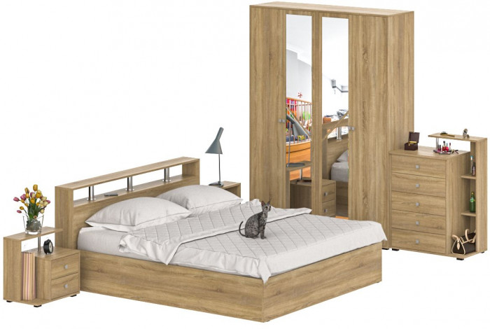 Камелия спальня № 4 Кровать 1800 + Две тумбы + Комод + Шкаф 4-х створчатый, дуб сонома