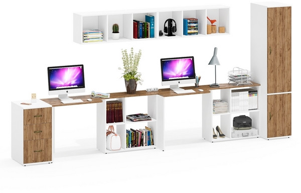 Лидер-8 Стол + Полка + Стол + Полка + Пенал МД 23Б + Тумба МД 3.16, цвет белый шагрень/крафт золото, 410х50х75/190 или 270х120/50х75/190, НЕ ун. сб.