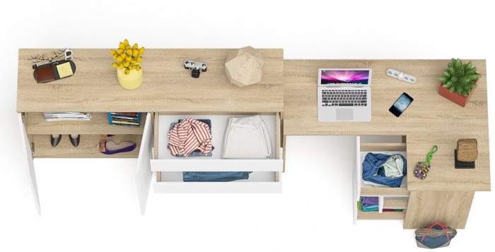 Мори Стол компьютерный МС-16 правый + Комод МК1600.1, цвет дуб сонома/белый, ШхГхВ 284,8х84,9х94 см., выдвижные ящики справа, НЕ универс. сборка