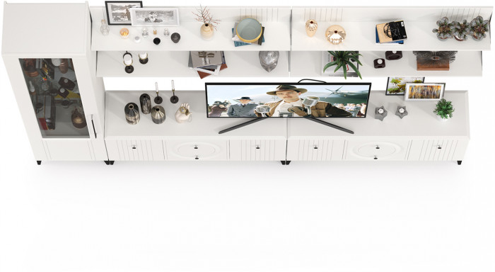 Валенсия Гостиная № 081, цвет ЛДСП белый шагрень/МДФ белый шагрень, ШхГхВ 321,2х38,3х225,2 см., универсальная сборка