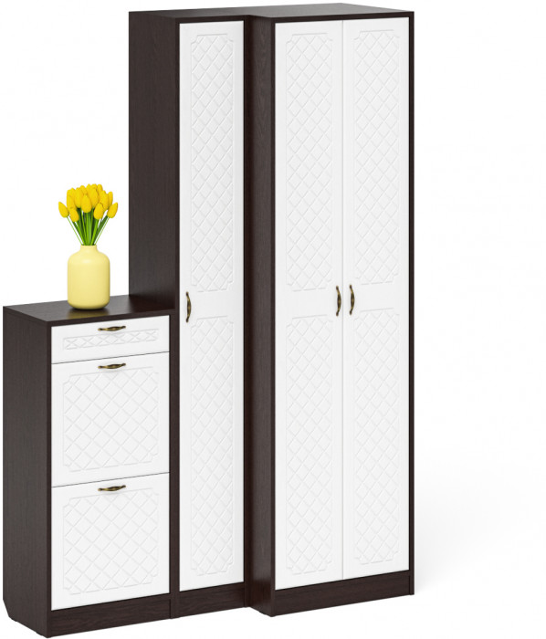 Прихожая П-6 Компоновка № 28, цвет венге/фасады МДФ белое дерево фрезеровка ромб, ШхГхВ 140х50х210 см., универсальная сборка