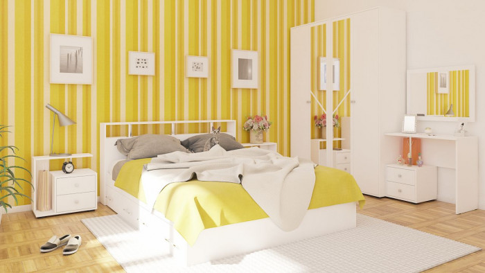 Камелия Кровать с ящиками 1600 + две тумбы, цвет белый, ШхГхВ 276х217х78,2 см., сп.м. 1600х2000 мм., без матраса, основание есть