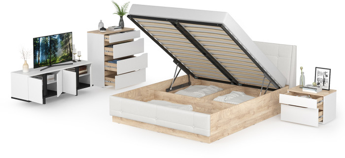 Муссон Кровать 11.28 + под. ортопед + Тумба 16.03 + Комод 13.97 + Тумба ТВ 13.276, белый/чёрный/дуб эндгрейн элегантный/кожзам белый, 1600х2000, б/м