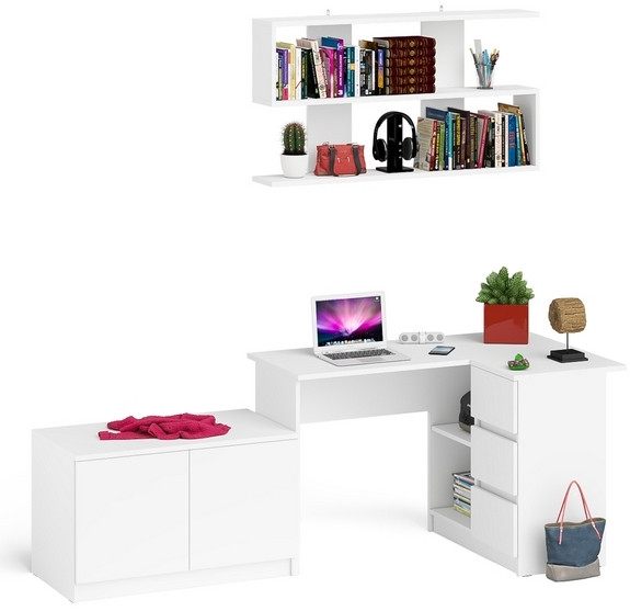 Мори компьютерный стол МС-16 правый + Тумба МА900.1 + Полка 1200, белый