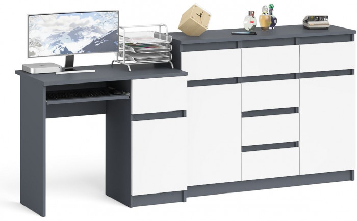 Мори компьютерный стол МС-1 правый + Комод МК1200.4, графит/белый