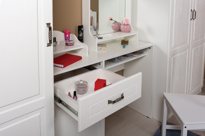 Ливерпуль Стол туалетный 12.46 + Полка 10.118 + Полка 10.117 + Пуф 14.02, цвет ясень ваниль/белый, НЕ универсальная сборка