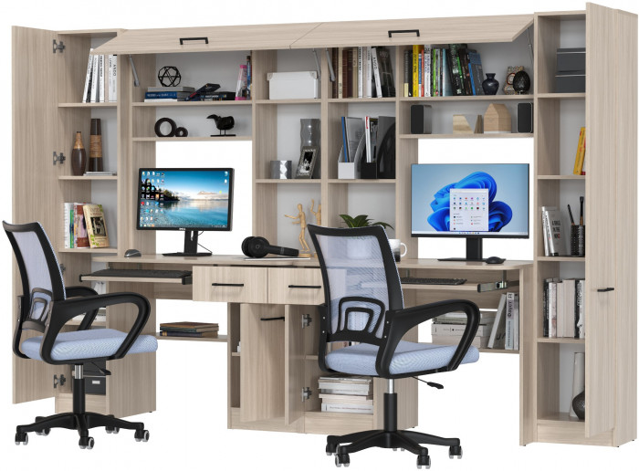 Два стола рабочих 6-0603 Альфа + два кресла 103 серых, цвет ясень шимо светлый, ШхГхВ 274х61х181 см., универсальная сборка