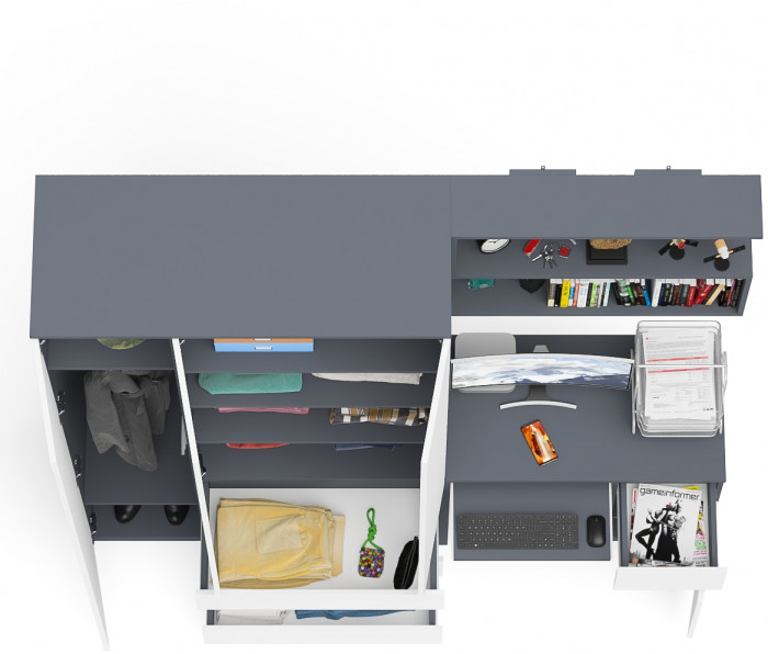 Мори Стол компьютерный МС-1 правый + Шкаф МШ1200.1 + Полка 900, цвет графит/белый, ШхГхВ 210,4х50,4х209,6 см., НЕ универсальная сборка